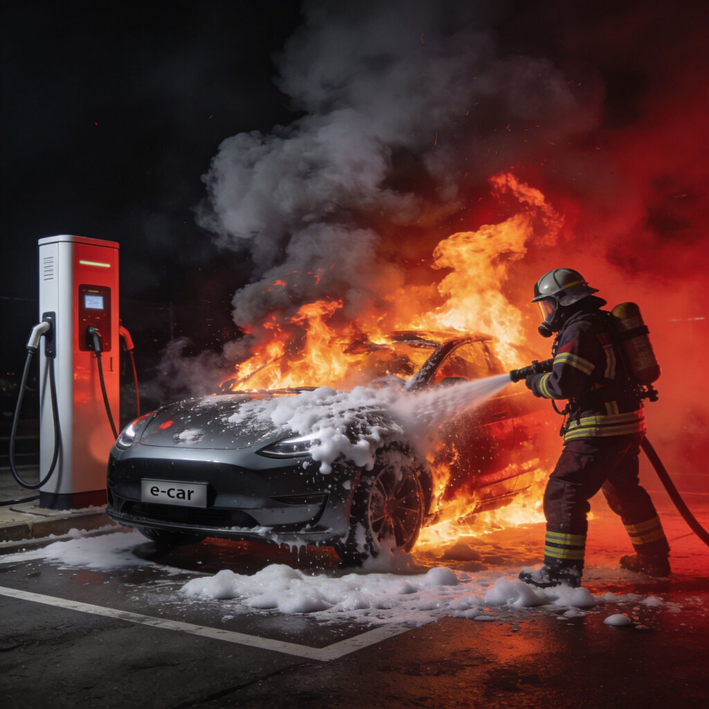 Löscheinsatz an einem Elektrofahrzeug an der Ladestation
